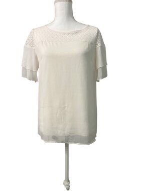 AGB White Coquette Lace Yoke Fairy ShortSleeve Blouse W/ Ruffled Sleeves WomensL